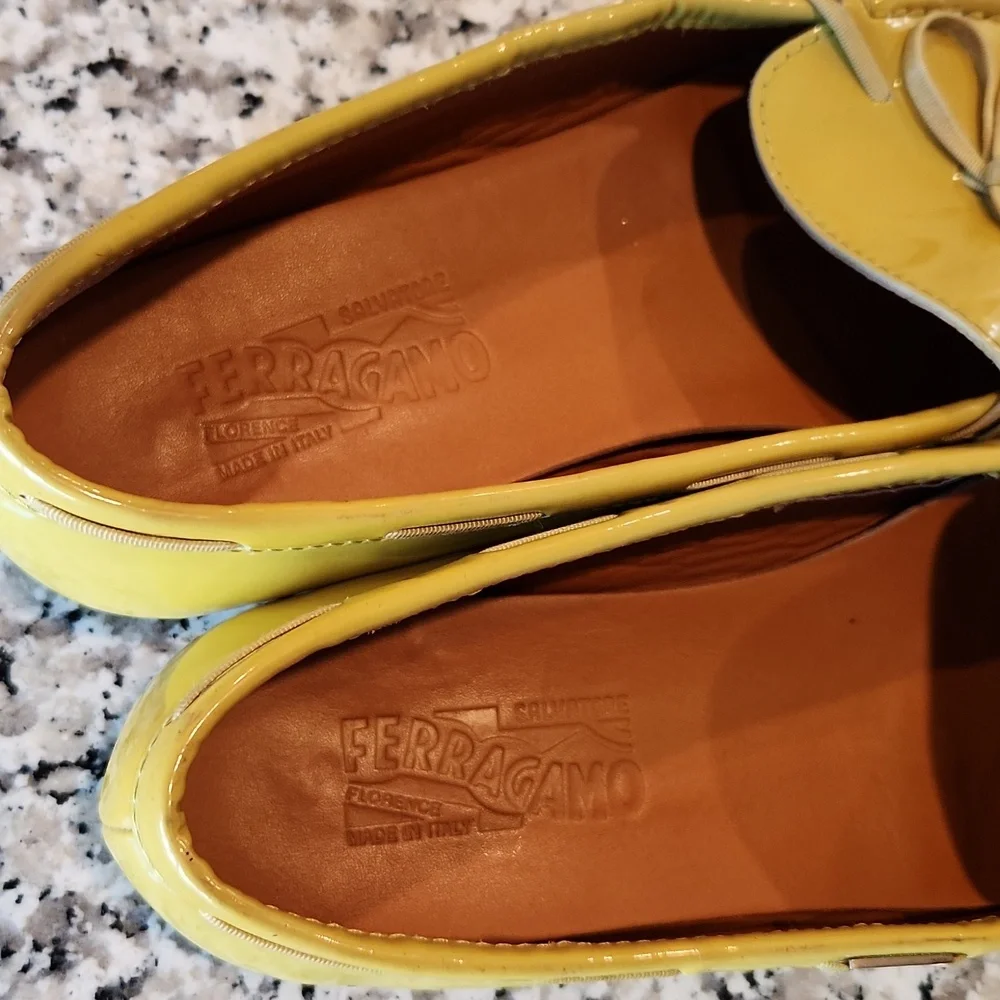 Salvatore Ferragamo Yellow Patent Leather Bow Loafers - Picture 2 of 10